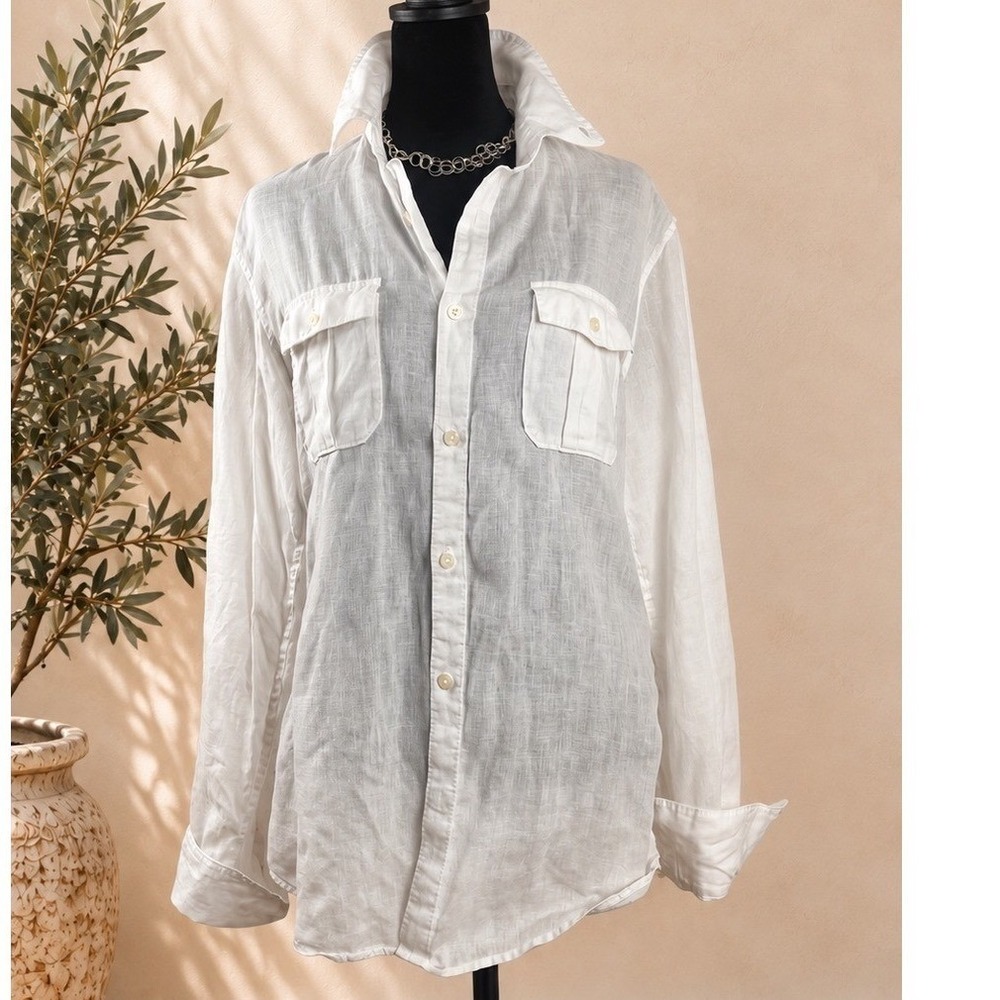 Stile Benetton White Linen Button Down Shirt Long Sleeve Roll Tab Pockets